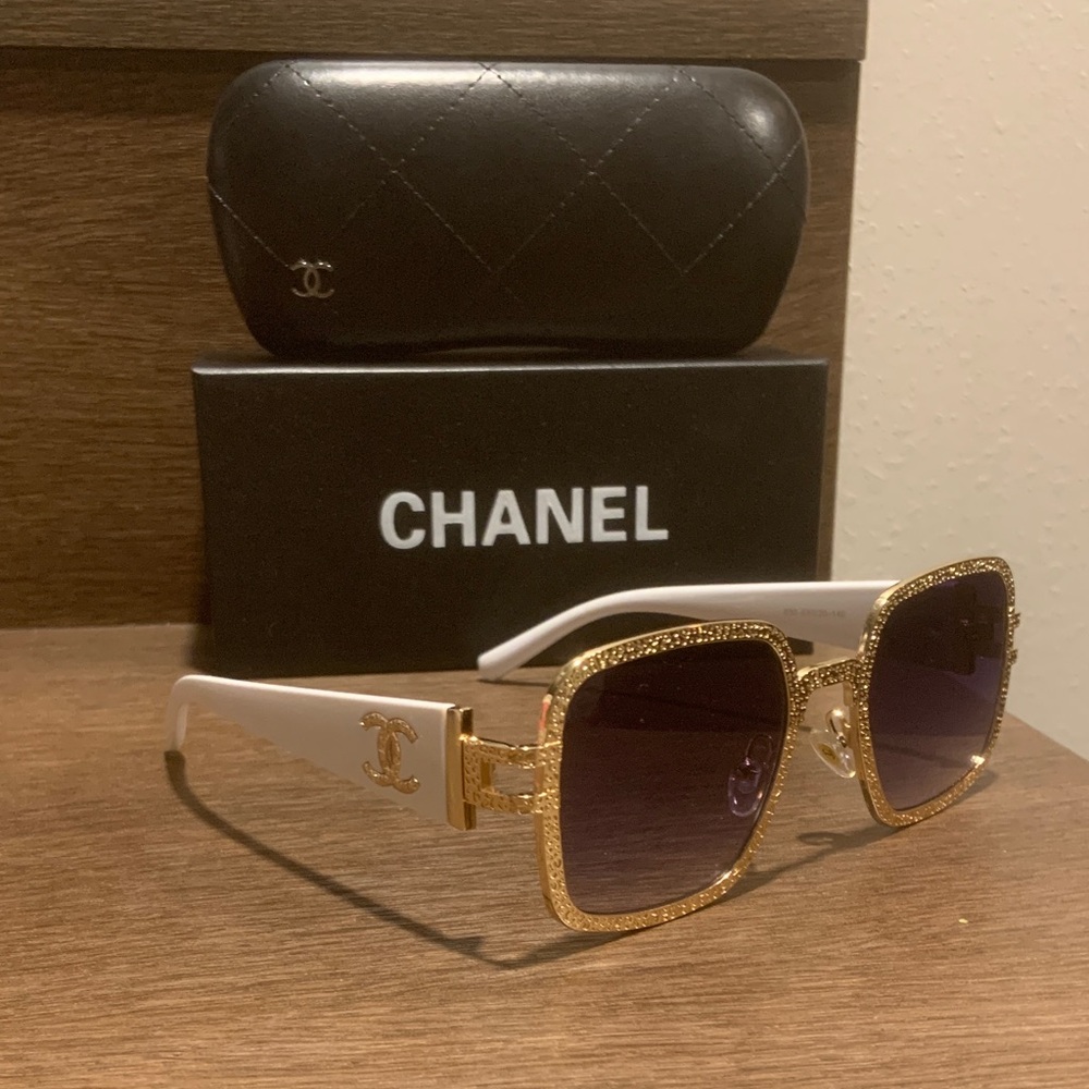 CHANEL Gold and White Square Sunglasses